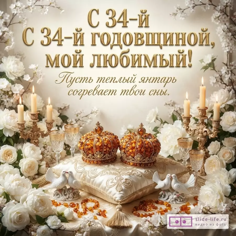 Открытка бежевого цвета с белыми розами и янтарными украшениями. Текст: «С 34-й годовщиной, мой любимый! Пусть теплый янтарь согревает твои сны.»