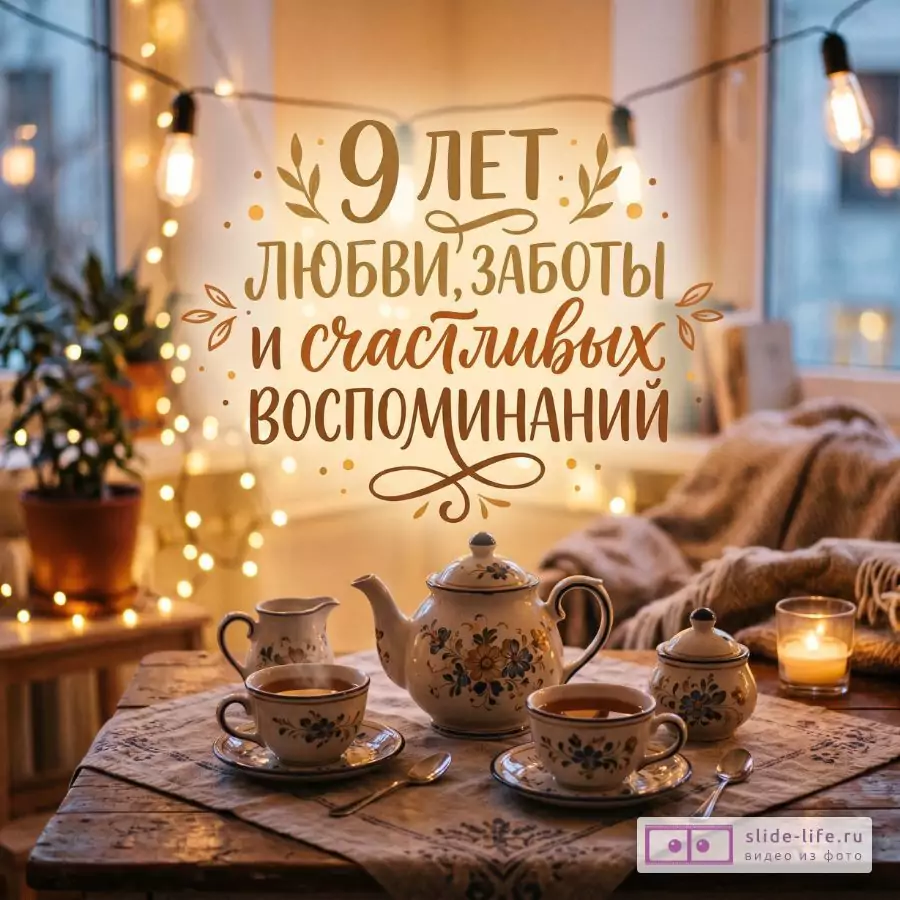 Бежево-золотой фон с гирляндами, чайный сервиз с цветочным узором, свеча и плед, надпись «9 ЛЕТ ЛЮБВИ, ЗАБОТЫ И СЧАСТЛИВЫХ ВОСПОМИНАНИЙ»