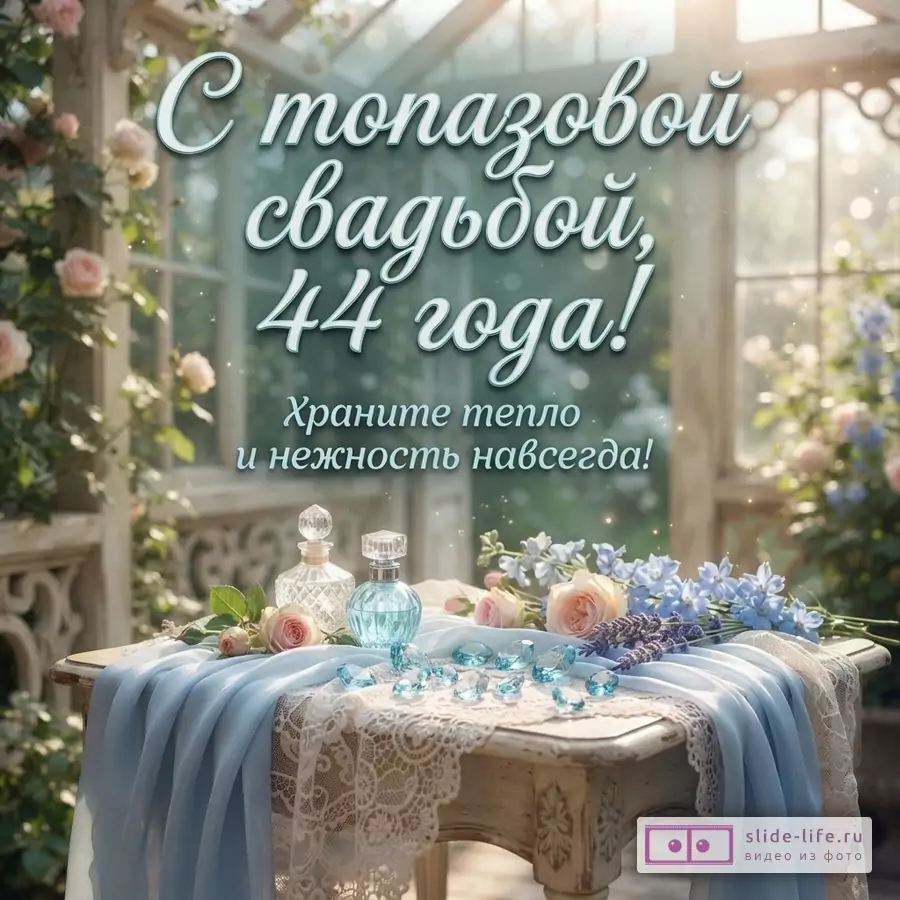 Открытка с топазовой свадьбой, 44 года. Фон светлый, размытый, с окнами и цветами. На переднем плане стол с голубой тканью, кружевом, флаконами духов, розовыми розами, голубыми цветами и синими камнями. Текст: «С топазовой свадьбой, 44 года! Храните тепло и нежность навсегда!»