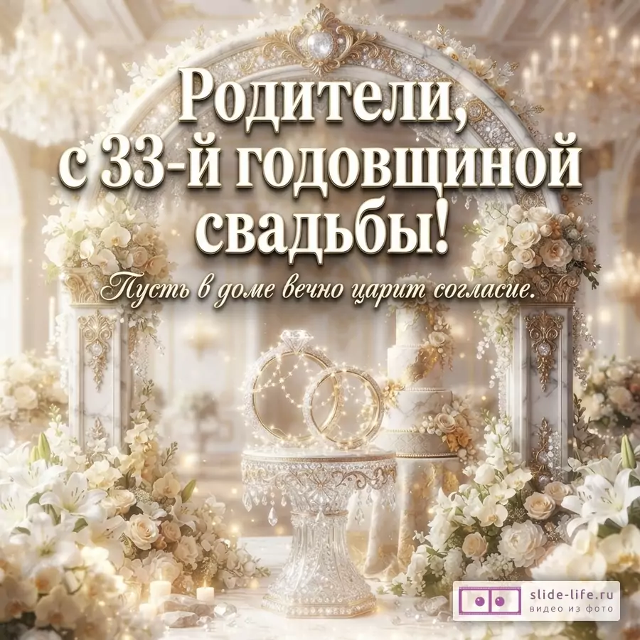 Фон светлый, бежево-золотистый. В центре арка, украшенная цветами и золотыми элементами. На переднем плане свадебный торт, два кольца на подставке, свечи и цветы. Текст: «Родители, с 33-й годовщиной свадьбы! Пусть в доме вечно царит согласие.»