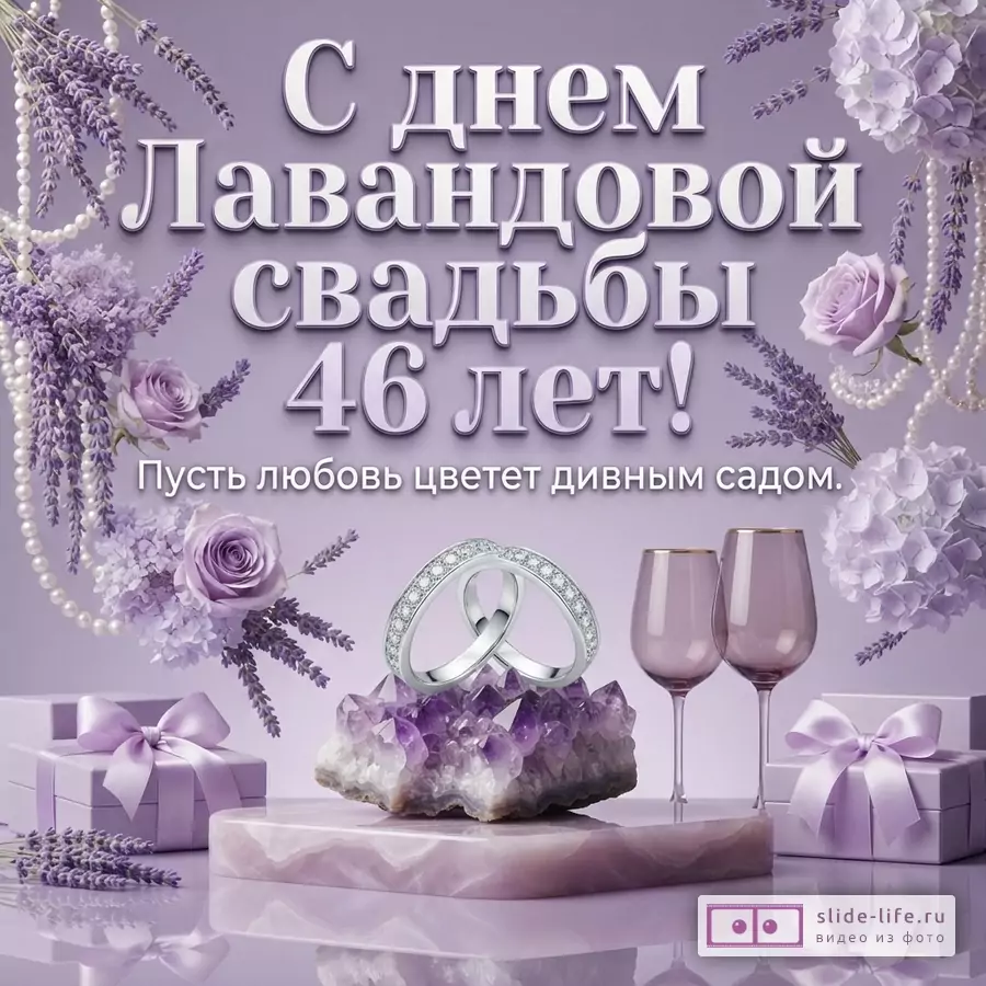 Фиолетовый фон, лаванда, розы, жемчуг, подарки, бокалы, аметист, обручальные кольца. Текст: «С днем Лавандовой свадьбы 46 лет! Пусть любовь цветет дивным садом.»