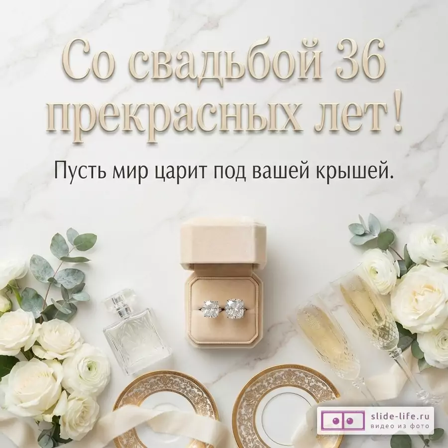 Белый мраморный фон, сверху текст золотистого цвета «Со свадьбой 36 прекрасных лет!» и чёрного цвета «Пусть мир царит под вашей крышей.». Внизу композиция из белых роз, зелёных листьев, флакона духов, открытой бежевой коробочки с двумя кольцами, двух бокалов шампанского и двух тарелок с золотым узором.