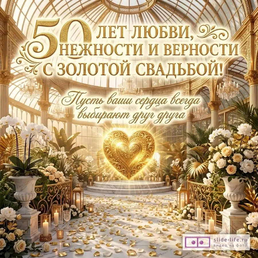 Золотистый зал с куполом, белыми цветами и свечами, в центре золотое сердце. Текст: «50 лет любви, нежности и верности. С золотой свадьбой! Пусть ваши сердца всегда выбирают друг друга»