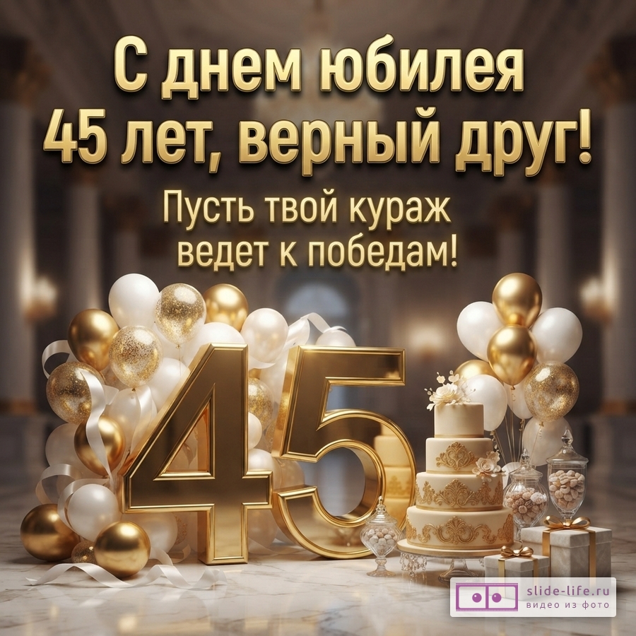 Открытка с золотыми буквами на черном фоне «С днем юбилея 45 лет, верный друг! Пусть твой кураж ведет к победам!»