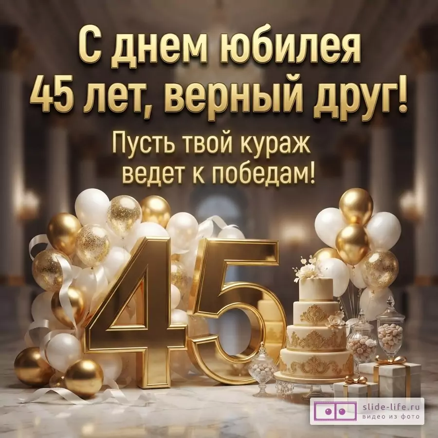 Открытка с золотыми буквами на черном фоне «С днем юбилея 45 лет, верный друг! Пусть твой кураж ведет к победам!»