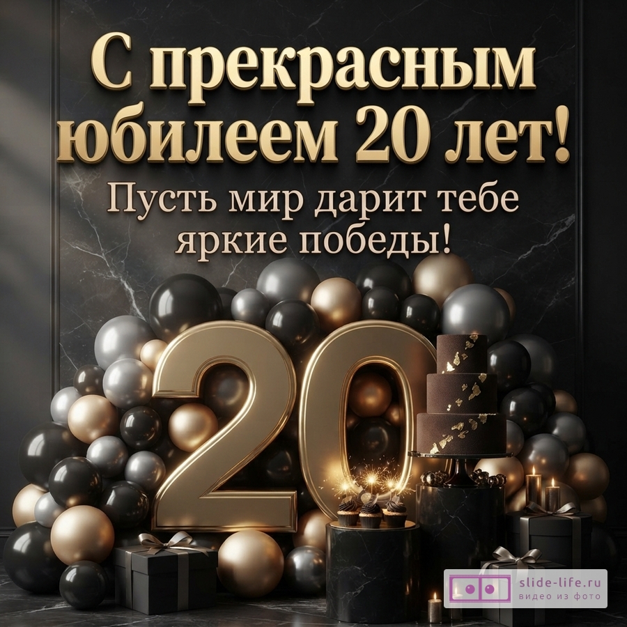 Темный фон с мраморной текстурой, золотая надпись «С прекрасным юбилеем 20 лет! Пусть мир дарит тебе яркие победы!», цифра 20, черные и золотые шары, подарки, торт и свечи