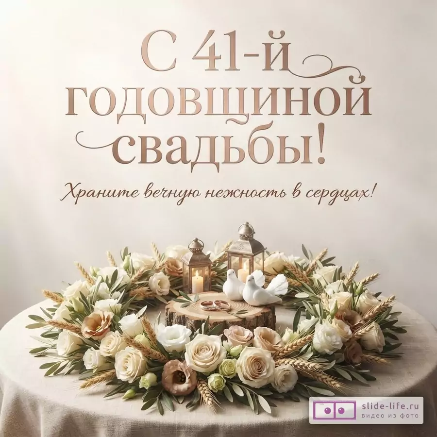 Бежевый фон, сверху надпись «С 41-й годовщиной свадьбы!», ниже «Храните вечную нежность в сердцах!». На столе композиция из белых и кремовых роз, колосьев, зелени, двух фонарей со свечами, двух белых голубей и обручальных колец на деревянном спиле.