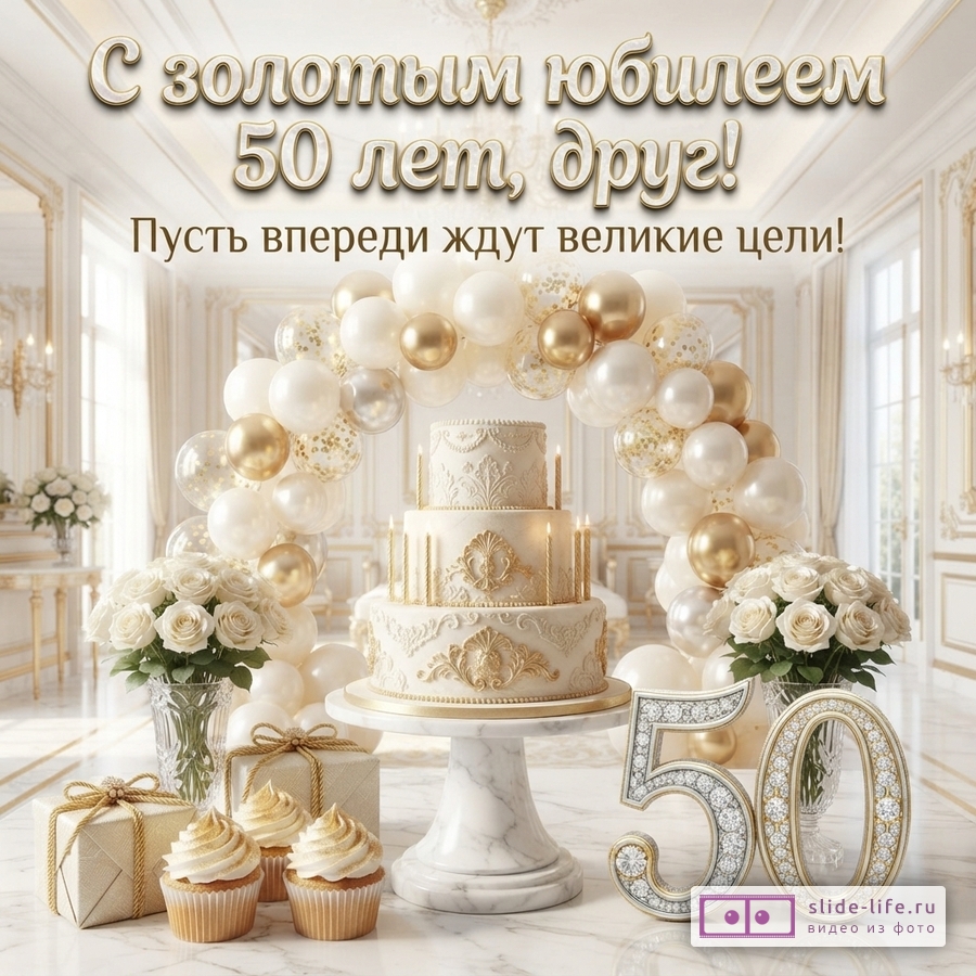 Белый фон, золотые и белые шары, белый торт, кексы, подарки, цветы, цифры 50. Текст: «С золотым юбилеем 50 лет, друг! Пусть впереди ждут великие цели!»