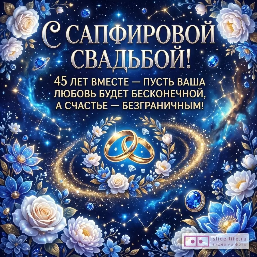 Темно-синий звездный фон, голубые и белые цветы, золотые обручальные кольца и сияющие сапфиры. Текст: «С САПФИРОВОЙ СВАДЬБОЙ! 45 ЛЕТ ВМЕСТЕ — ПУСТЬ ВАША ЛЮБОВЬ БУДЕТ БЕСКОНЕЧНОЙ, А СЧАСТЬЕ — БЕЗГРАНИЧНЫМ!»