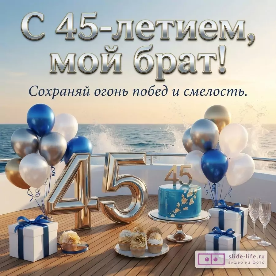 Фон морской закат, яхта. Надпись серебряными буквами «С 45-летием, мой брат! Сохраняй огонь побед и смелость.». Цифры «45» серебряного цвета, синие, белые и золотые шары, синий торт, кексы, подарки.