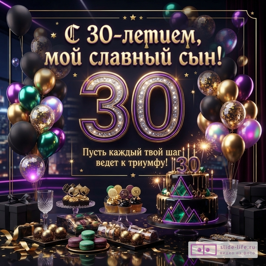 Темный праздничный фон с воздушными шарами, десертами, тортом и надписью «С 30-летием, мой славный сын! Пусть каждый твой шаг ведет к триумфу!»