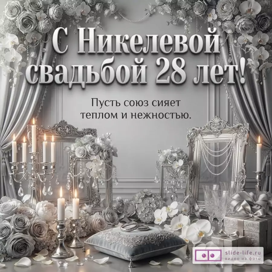 Открытка с серым фоном, серыми шторами, цветами и свечами. Текст: «С Никелевой свадьбой 28 лет! Пусть союз сияет теплом и нежностью.»
