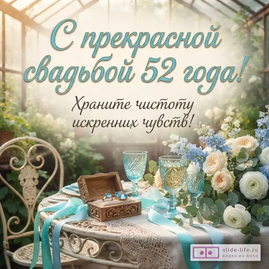 Фон оранжереи, на переднем плане стол с белой скатертью, два бокала, деревянная шкатулка с кольцами, букет цветов. Текст «С прекрасной свадьбой 52 года! Храните чистоту искренних чувств!»