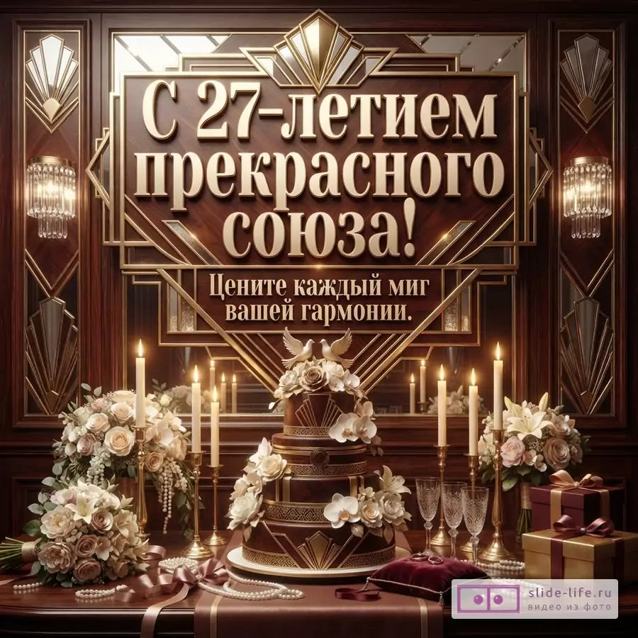 Фон из темного дерева, золотая рамка, текст «С 27-летием прекрасного союза! Цените каждый миг вашей гармонии.», многоярусный торт, цветы, свечи, подарки, бокалы, жемчуг.