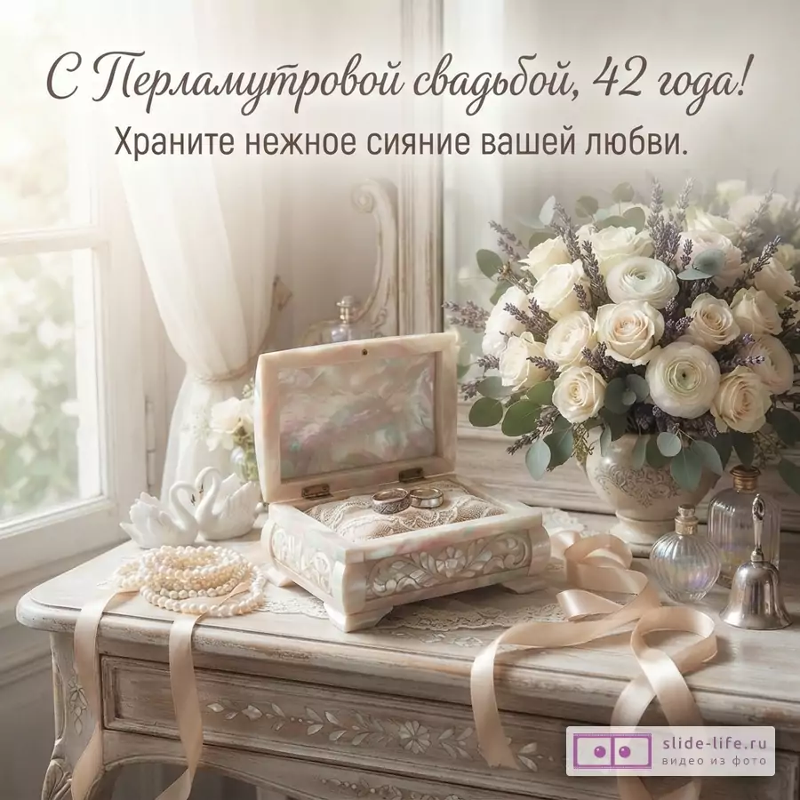 Светлый фон, на столе шкатулка с кольцами, бусы, лента, букет цветов. Текст: «С Перламутровой свадьбой, 42 года!», «Храните нежное сияние вашей любви.»