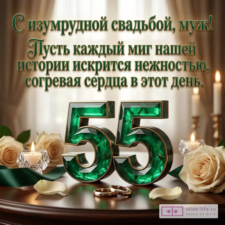 Открытка с текстом «С ИЗУМРУДНОЙ СВАДЬБОЙ, ЛЮБИМЫЙ МУЖ! ПУСТЬ КАЖДЫЙ МОМЕНТ ВАШЕЙ ИСТОРИИ ИСКРИТСЯ НЕЖНОСТЬЮ, СОГРЕВАЯ СЕРДЦА В ЭТОТ ДЕНЬ.» бежевый фон, зеленые листья, свечи, белые розы, кольца, число 55 в изумрудном цвете