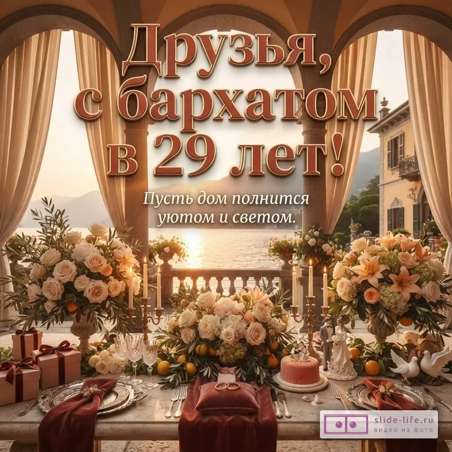 Открытка с видом на озеро и горы, на переднем плане праздничный стол с цветами, свечами и подарками. Текст: «Друзья, с бархатом в 29 лет! Пусть дом полнится уютом и светом.»