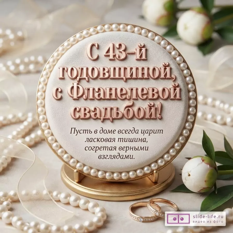 Круглая рамка с жемчугом на золотой подставке, на белом фоне. Текст «С 43-й Годовщиной, с Фланелевой свадьбой! Пусть в доме всегда царит ласковая тишина, согретая верными взглядами.»