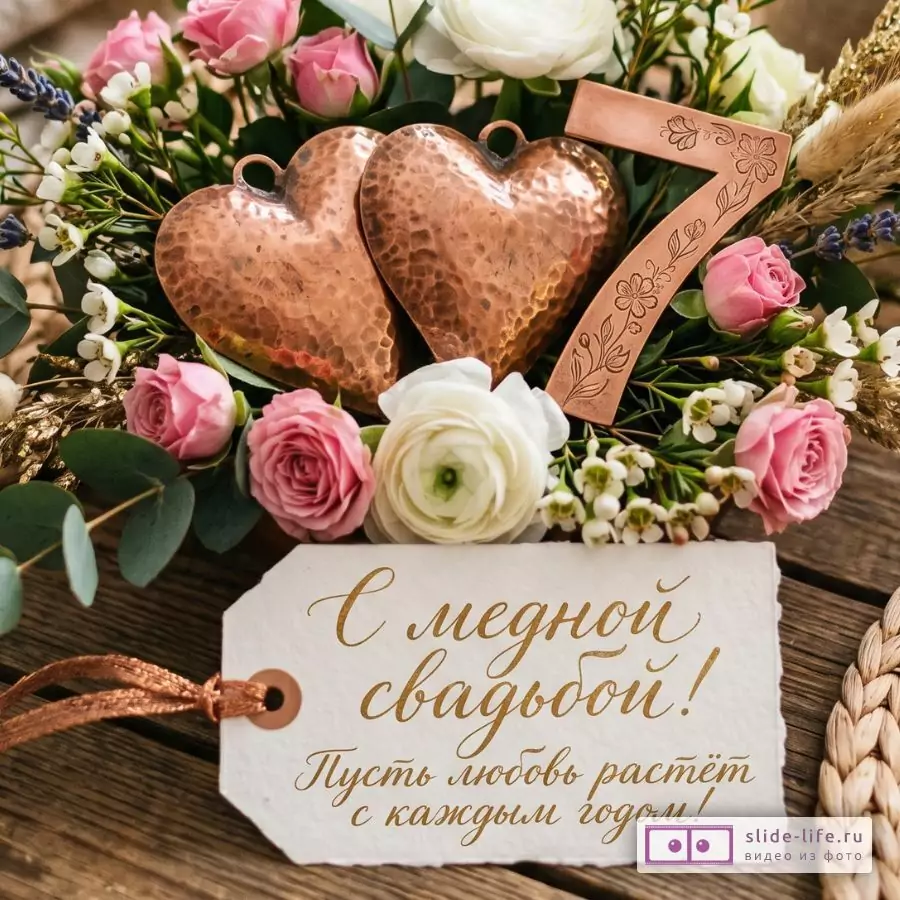 7 лет совместной жизни — открытка с медной свадьбой и цветами