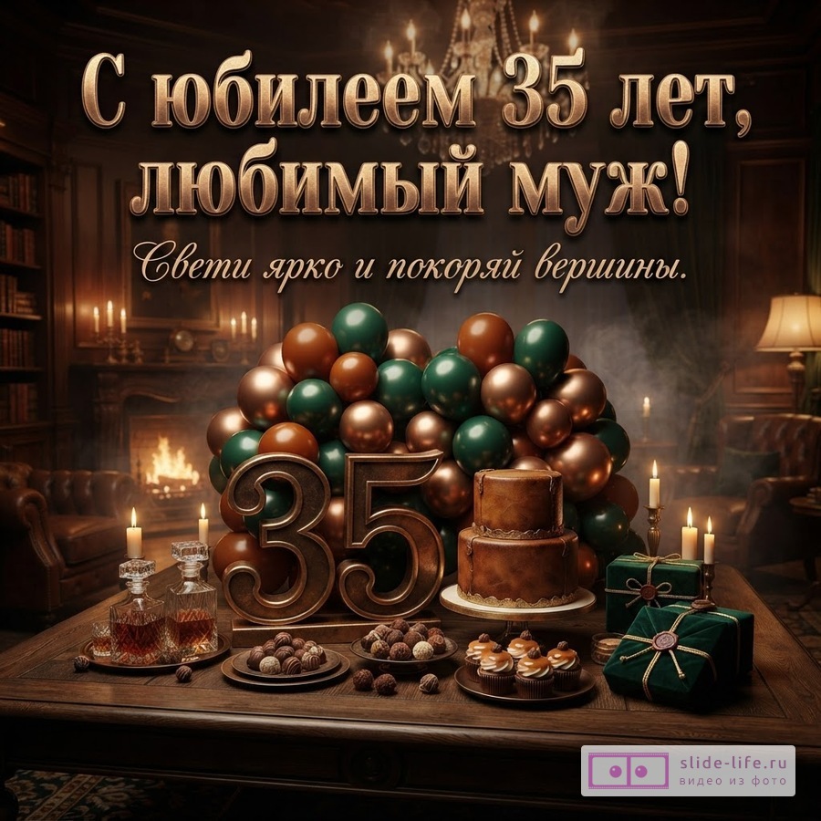 Праздничный стол с тортом, конфетами и цифрой 35 на фоне воздушных шаров и камина с надписью «С юбилеем 35 лет, любимый муж! Свети ярко и покоряй вершины.»