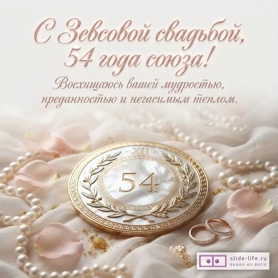 Светлый бежевый фон, золотая медаль с числом «54», жемчуг, розовые лепестки, обручальные кольца, текст «С Зевсовой свадьбой, 54 года союза! Восхищаюсь вашей мудростью, преданностью и негасимым теплом.»
