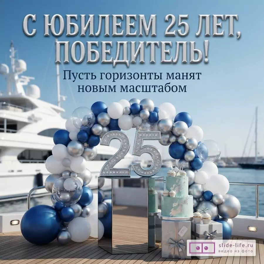 Палуба яхты с аркой из синих и серебристых шаров, цифрой 25, тортом и надписью «С ЮБИЛЕЕМ 25 ЛЕТ, ПОБЕДИТЕЛЬ! Пусть горизонты манят новым масштабом».