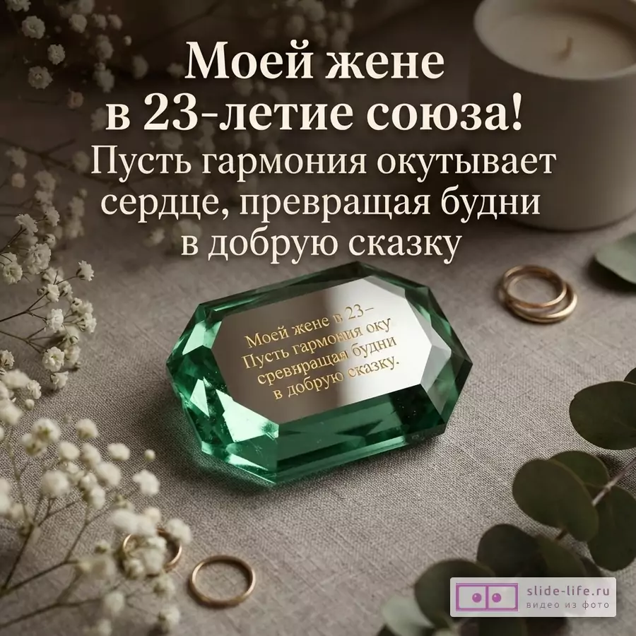 Зеленый граненый кристалл берилла с золотой пластиной, обручальные кольца, свеча и веточки гипсофилы на льняной ткани с текстом: «Моей жене в 23-летие союза! Пусть гармония окутывает сердце, превращая будни в добрую сказку».