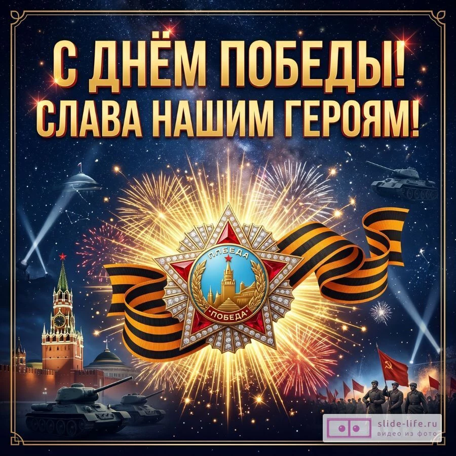 Яркая открытка ко Дню Победы: орден Победы, георгиевская лента и салют