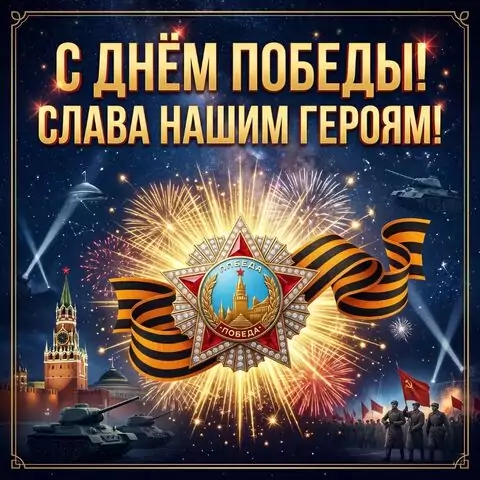 Яркая открытка ко Дню Победы: орден Победы, георгиевская лента и салют