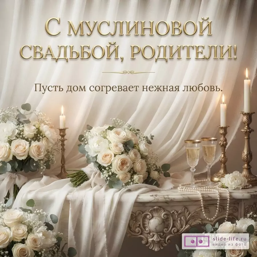 Бежевый фон, белая драпировка, букеты белых роз, свечи, бокалы с шампанским, жемчужные бусы. Надпись: «С муслиновой свадьбой, родители! Пусть дом согревает нежная любовь.»
