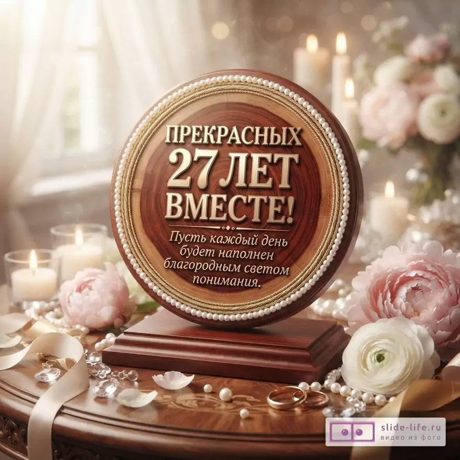 Круглая деревянная табличка с золотой рамкой и жемчугом на подставке, на фоне свечи, цветы и украшения. Текст на табличке: «ПРЕКРАСНЫХ 27 ЛЕТ ВМЕСТЕ! Пусть каждый день будет наполнен благородным светом понимания.»