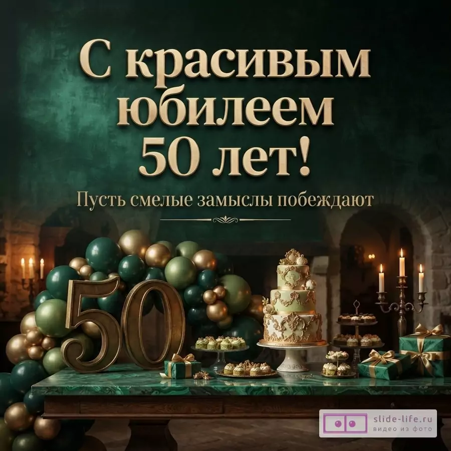 Фон темно-зеленый. Сверху надпись золотыми буквами «С красивым юбилеем 50 лет!». Ниже надпись «Пусть смелые замыслы побеждают». На столе зеленые и золотые шары, цифры «50», торт, пирожные, подарки.