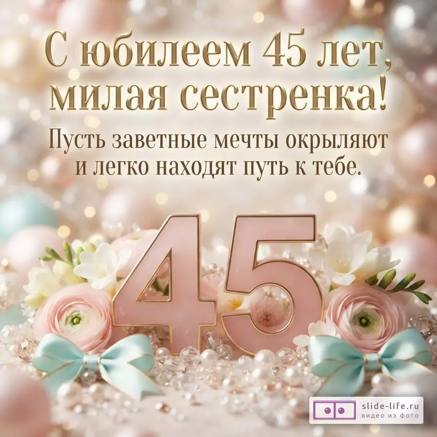 Фон с размытыми светлыми шарами и огоньками, в центре крупные золотистые цифры 45, окруженные розовыми цветами, белыми фрезиями, жемчугом и бирюзовыми бантиками. Текст сверху: «С юбилеем 45 лет, милая сестренка! Пусть заветные мечты окрыляют и легко находят путь к тебе.»