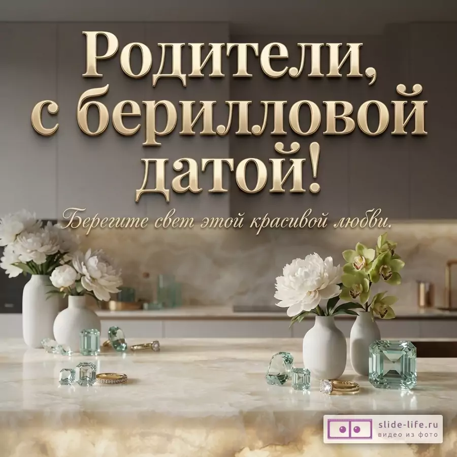 Мраморный стол с кристаллами берилла, кольцами, белыми вазами с цветами и текстом «Родители, с берилловой датой! Берегите свет этой красивой любви.»