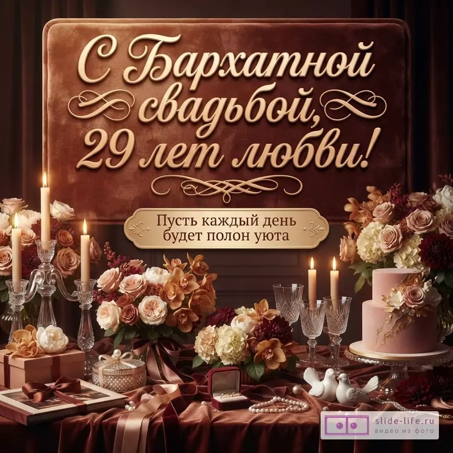 Коричневый фон, декоративная табличка с текстом «С Бархатной свадьбой, 29 лет любви!», ниже надпись «Пусть каждый день будет полон уюта», свечи, цветы, бокалы, торт и подарочные коробки.