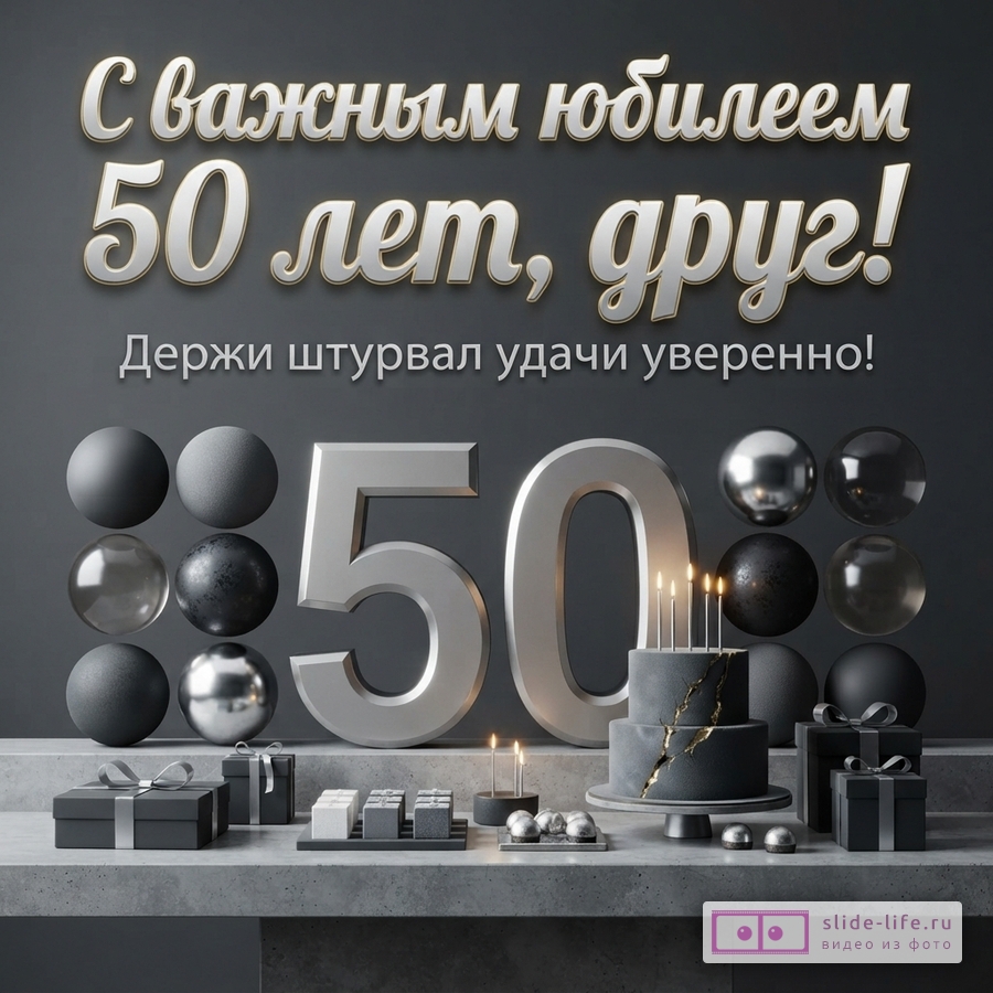 Открытка на сером фоне с надписью «С важным юбилеем 50 лет, друг! Держи штурвал удачи уверенно!» и большими цифрами 50, праздничным тортом и подарками.
