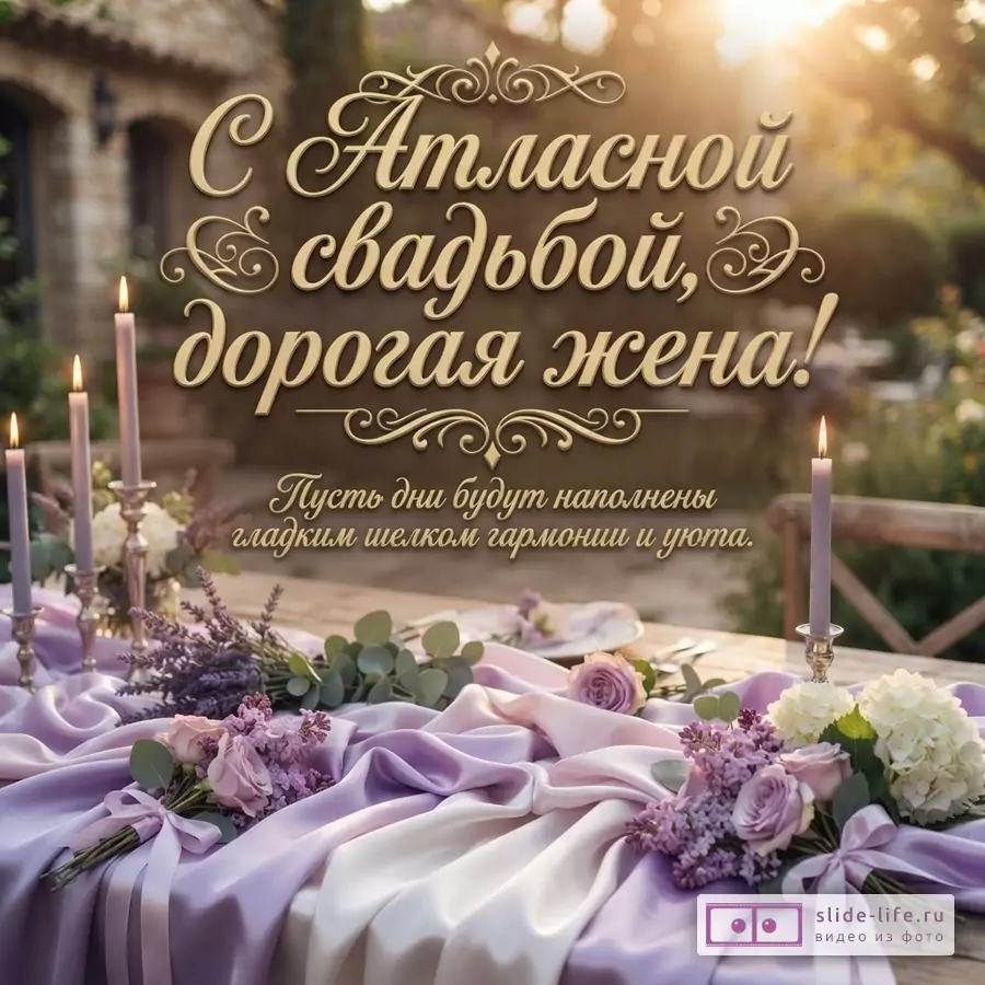 Праздничный стол с сиреневым атласом, цветами и свечами на фоне сада с текстом «С Атласной свадьбой, дорогая жена! Пусть дни будут наполнены гладким шелком гармонии и уюта.»