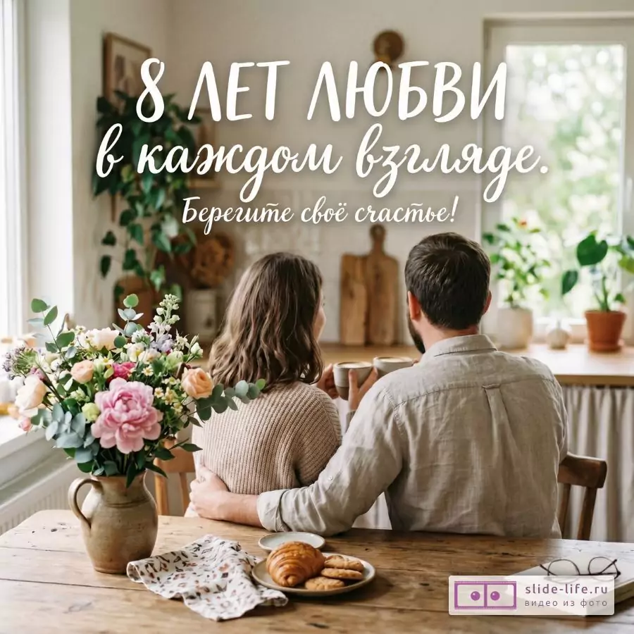 Светлый бежево-белый интерьер, пара со спины с кружками за деревянным столом, букет розовых цветов и выпечка, текст «8 ЛЕТ ЛЮБВИ в каждом взгляде. Берегите своё счастье!»