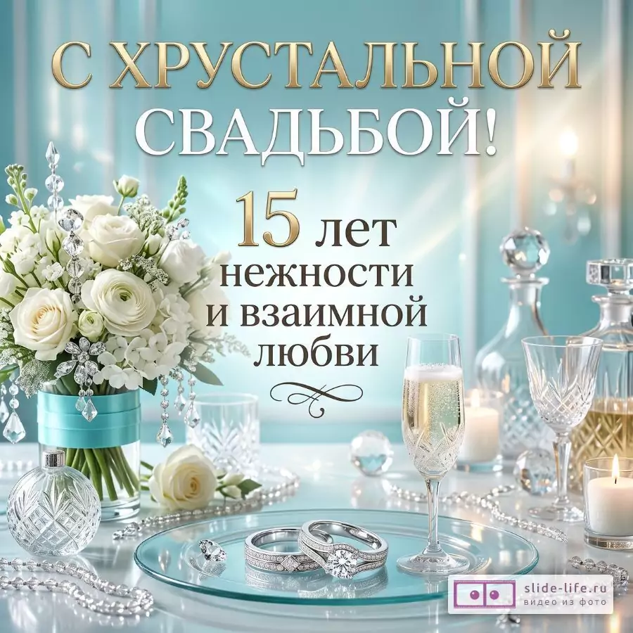 С юбилеем свадьбы 15 лет — хрустальная открытка с теплыми словами