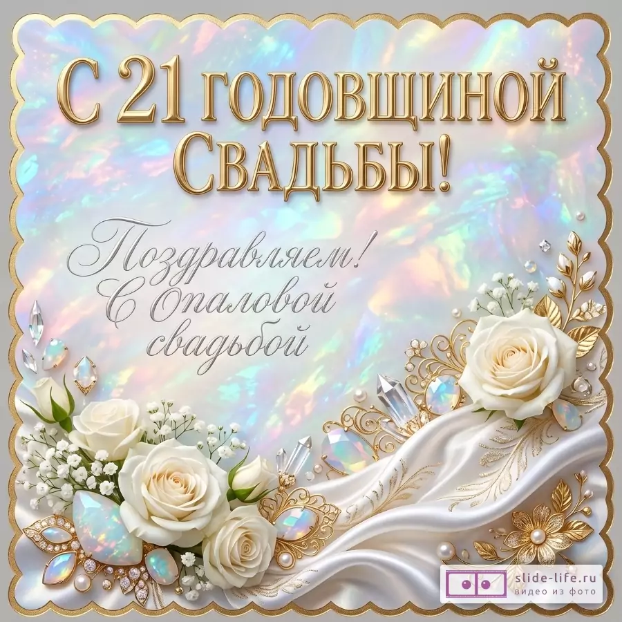 Перламутровый фон в белых, голубых, розовых и сиреневых тонах, золотая рамка, белые розы, жемчуг, опаловые камни, шелковая ткань, текст «С 21 годовщиной Свадьбы! Поздравляем! С Опаловой свадьбой»