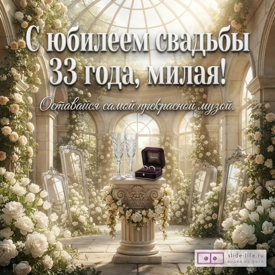 Светлый фон, арки, колонны, розы, зелень. На переднем плане колонна, на ней два бокала и открытая коробочка с кольцами. Текст «С юбилеем свадьбы 33 года, милая! Оставайся самой прекрасной музой.»