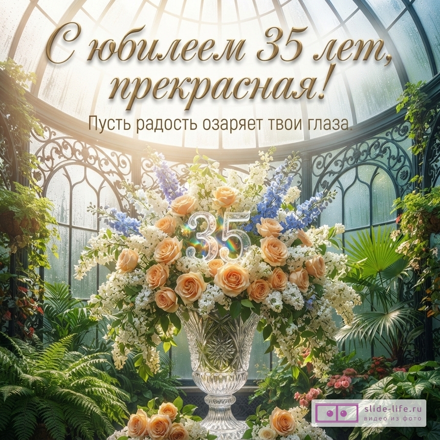 Большая хрустальная ваза с розами в оранжерее с надписью «С юбилеем 35 лет, прекрасная! Пусть радость озаряет твои глаза.»