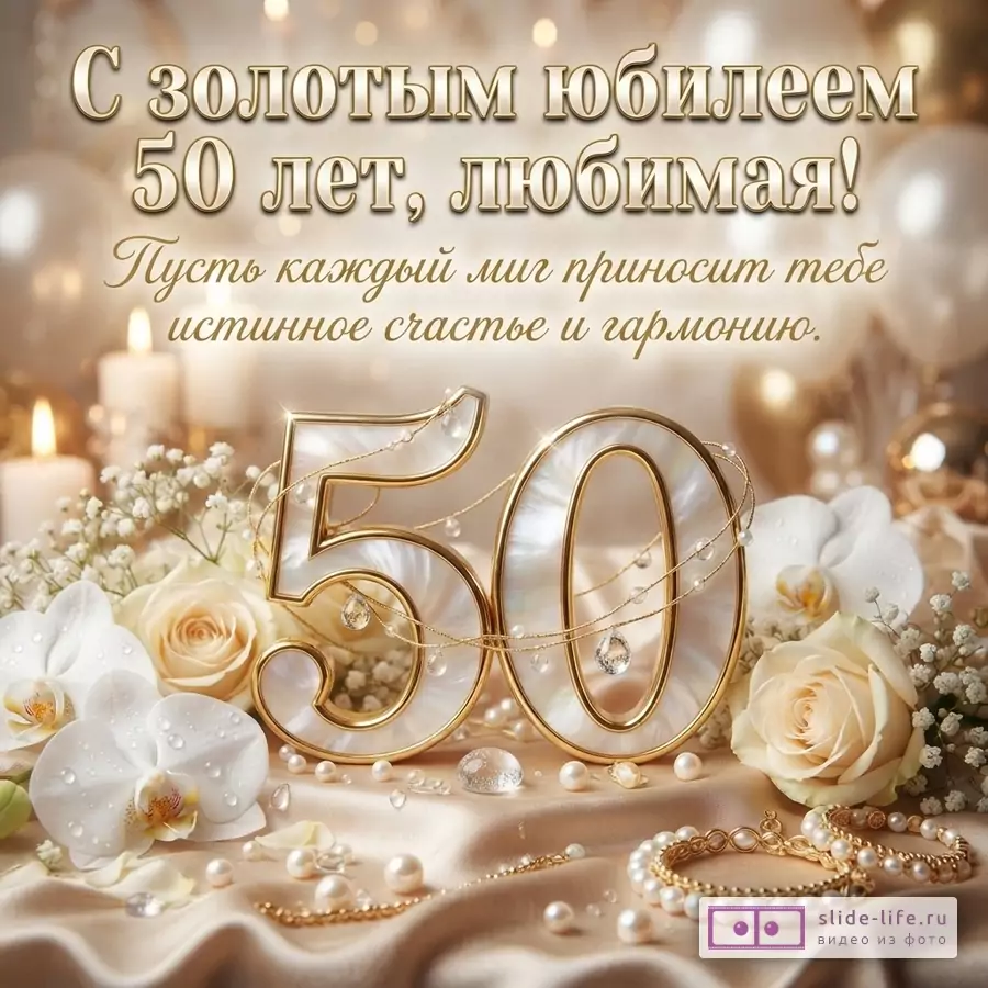 Фон бежевый, золотистый. В центре крупные цифры 50, украшенные жемчугом и стразами. Вокруг цифр белые розы, орхидеи, жемчуг, золотые украшения. Сверху текст «С золотым юбилеем 50 лет, любимая! Пусть каждый миг приносит тебе истинное счастье и гармонию.»