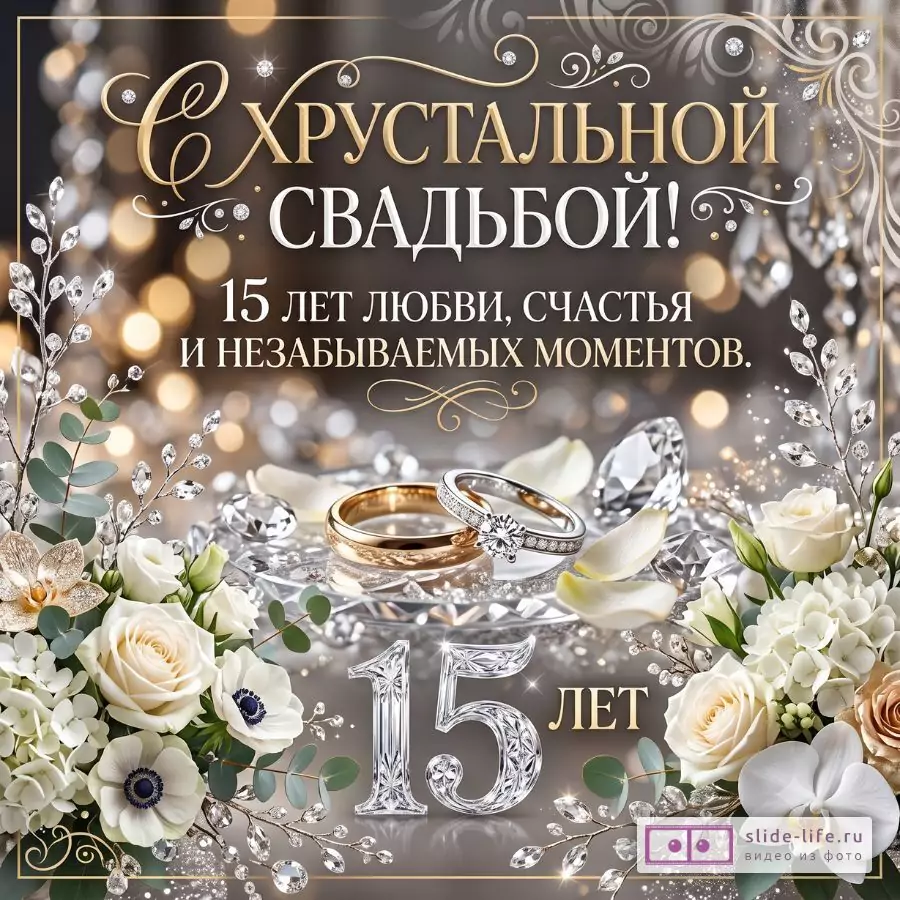 Открытка с хрустальной свадьбой 15 лет — красивое поздравление с годовщиной свадьбы