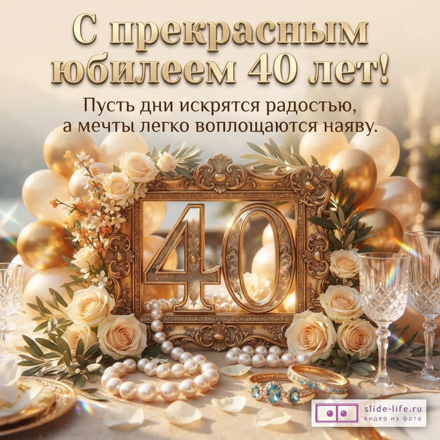 Открытка с бежевым фоном, золотыми шарами, бежевыми розами и золотой рамкой с цифрой «40». Текст: «С прекрасным юбилеем 40 лет! Пусть дни искрятся радостью, а мечты легко воплощаются наяву.»