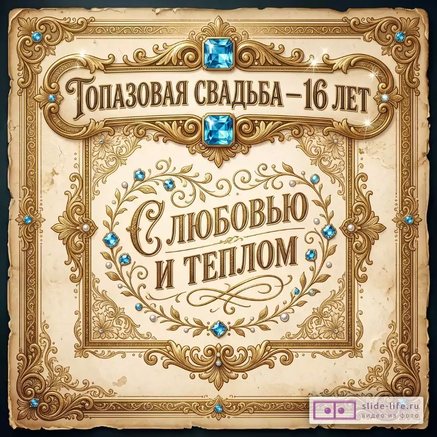 Состаренный бежевый фон, золотой орнамент с голубыми топазами, винтажная рамка. Текст: «Топазовая свадьба — 16 лет», «С любовью и теплом».