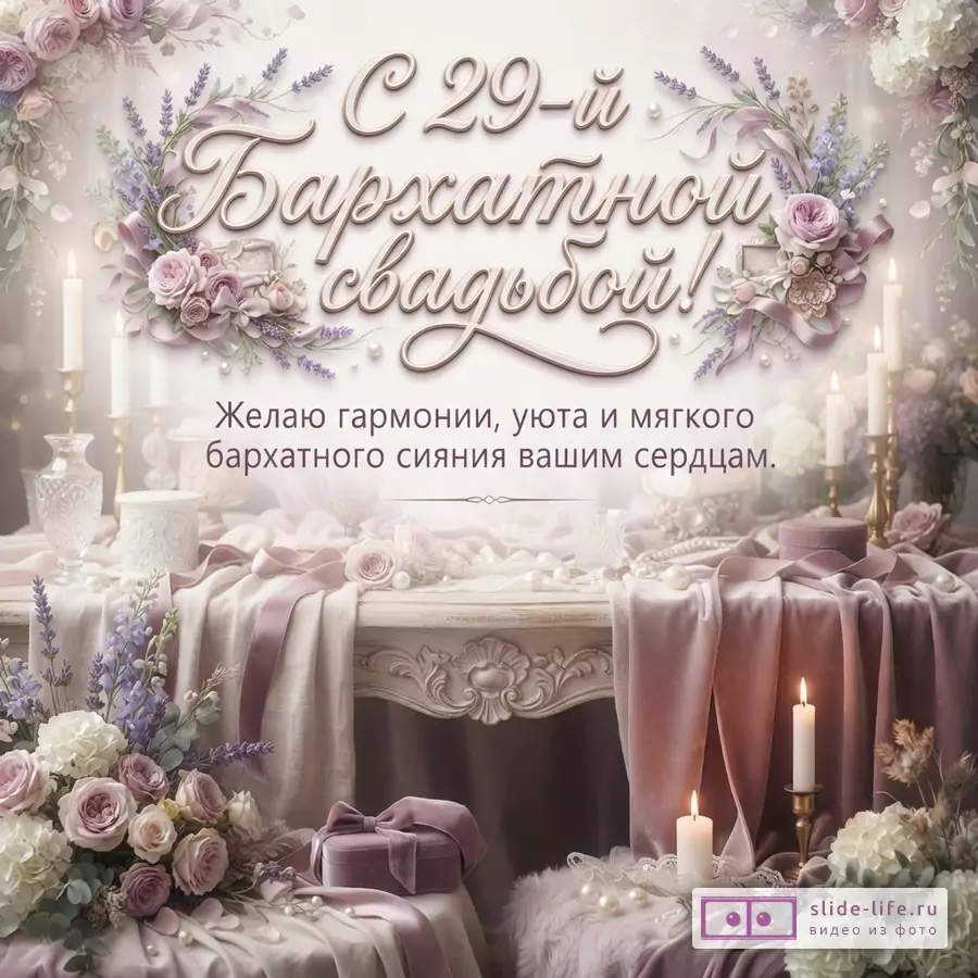 Праздничный стол с цветами, свечами и бархатными элементами, фон светлый. Текст: «С 29-й Бархатной свадьбой! Желаю гармонии, уюта и мягкого бархатного сияния вашим сердцам.»