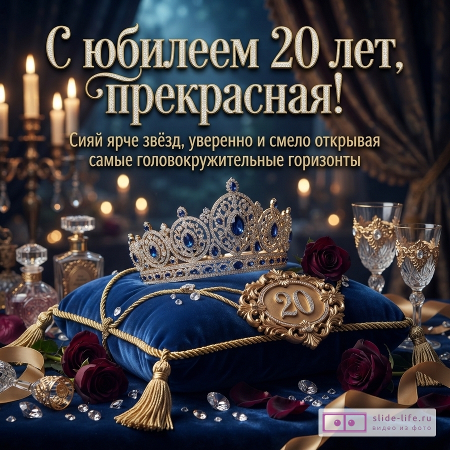Золотая корона с синими камнями на синей бархатной подушке с золотыми кистями и надписью «С юбилеем 20 лет, прекрасная!».