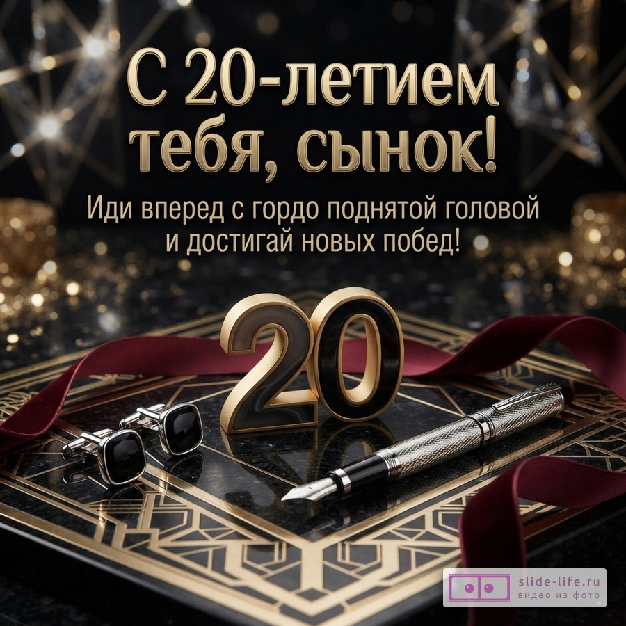 Объемная цифра 20, запонки, перьевая ручка и бордовая лента на темном фоне с надписью «С 20-летием тебя, сынок! Иди вперед с гордо поднятой головой и достигай новых побед!»