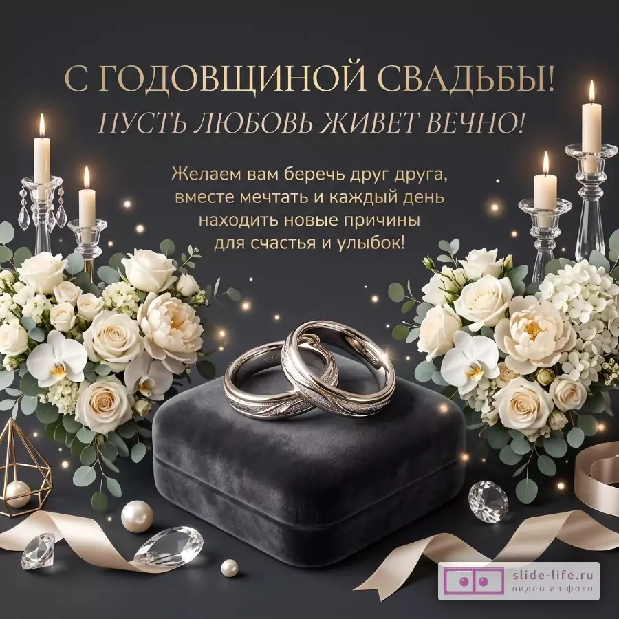 Темно-серый фон, свечи, белые цветы и кольца на черной бархатной подушке. Текст: «С годовщиной свадьбы! Пусть любовь живет вечно!»